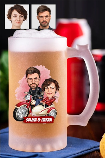 Çiftlere Özel İlginç Hediye Motorsiklet Temalı Karikatürlü Buzlu Cam Bira Bardağı