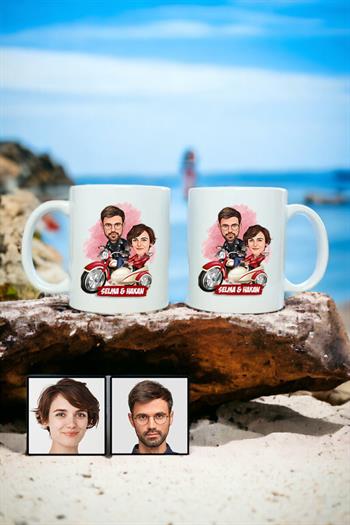 Çiftlere Özel İlginç Hediye Motorsiklet Temalı Karikatürlü İkili Beyaz Kupa Bardak