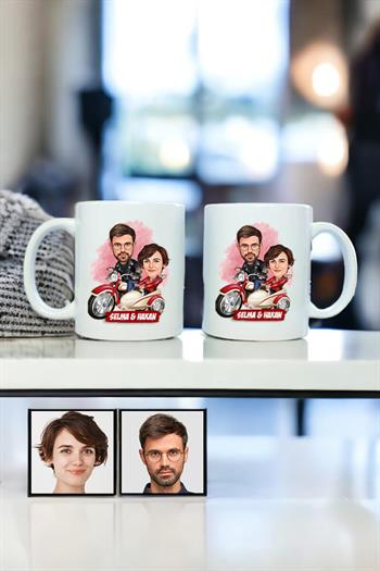 Çiftlere Özel İlginç Hediye Motorsiklet Temalı Karikatürlü İkili Beyaz Kupa Bardak