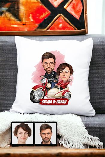 Çiftlere Özel İlginç Hediye Motorsiklet Temalı Karikatürlü Yastık