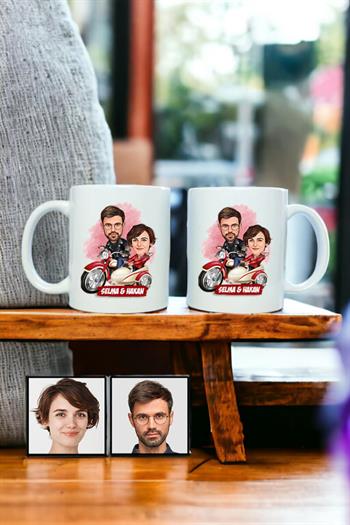 Çiftlere Özel İlginç Hediye Motorsiklet Temalı Karikatürlü İkili Beyaz Kupa Bardak