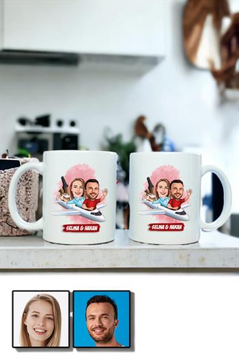 Çiftlere Özel İlginç Hediye Uçak Temalı Karikatürlü İkili Beyaz Kupa Bardak