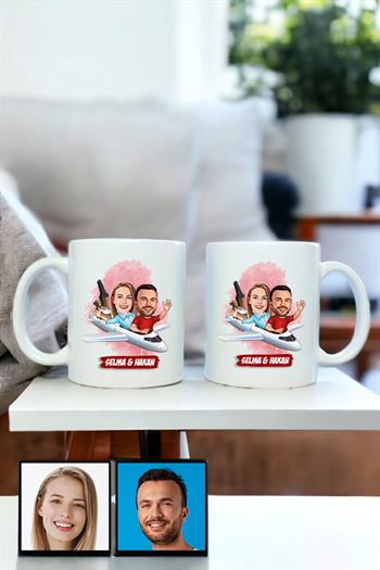 Çiftlere Özel İlginç Hediye Uçak Temalı Karikatürlü İkili Beyaz Kupa Bardak