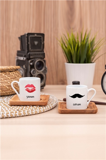 Çiftlere Özel İsimli İkili Ahşap Altlıklı Türk Kahvesi Fincanı