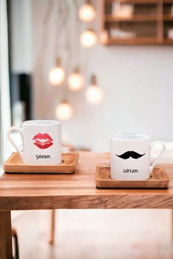 Çiftlere Özel İsimli İkili Ahşap Altlıklı Türk Kahvesi Fincanı
