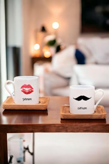 Çiftlere Özel İsimli İkili Ahşap Altlıklı Türk Kahvesi Fincanı