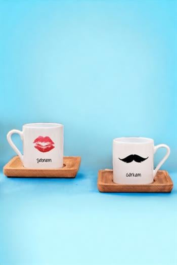 Çiftlere Özel İsimli İkili Ahşap Altlıklı Türk Kahvesi Fincanı