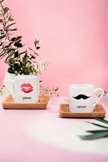 Çiftlere Özel İsimli İkili Ahşap Altlıklı Türk Kahvesi Fincanı
