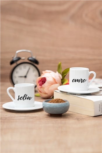 Çiftlere Özel İsimli İkili Beyaz Türk Kahvesi Fincanı