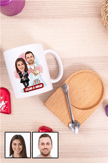 Çiftlere Özel Komik Hediye Gelin Damat Karikatürlü Ahşap Altlıklı Beyaz Kupa Bardak