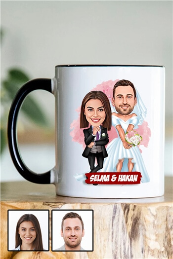 Çiftlere Özel Yıl Dönümü Hediyesi Karikatürlü İçi Renkli Kupa Bardak