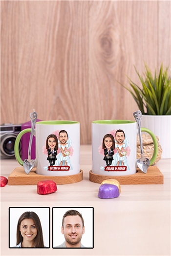 Çiftlere Özel Komik Hediye Gelin Damat Karikatürlü İkili Ahşap Altlıklı İçi Renkli Kupa Bardak
