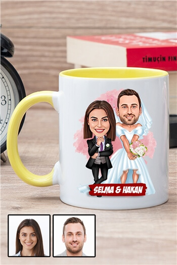 Çiftlere Özel Yıl Dönümü Hediyesi Karikatürlü İçi Renkli Kupa Bardak