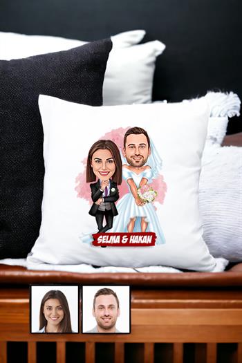 Çiftlere Özel Komik Hediye Gelin Damat Karikatürlü Yastık