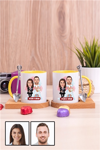 Çiftlere Özel Komik Hediye Gelin Damat Karikatürlü İkili Ahşap Altlıklı İçi Renkli Kupa Bardak
