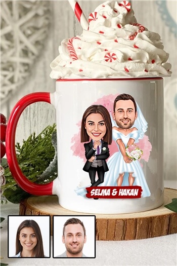 Çiftlere Özel Yıl Dönümü Hediyesi Karikatürlü İçi Renkli Kupa Bardak