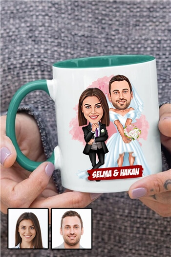 Çiftlere Özel Yıl Dönümü Hediyesi Karikatürlü İçi Renkli Kupa Bardak