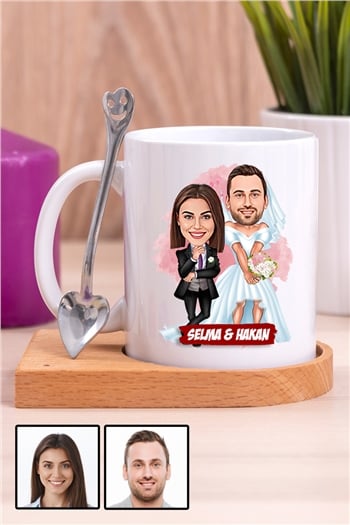 Çiftlere Özel Komik Hediye Gelin Damat Karikatürlü Ahşap Altlıklı Beyaz Kupa Bardak