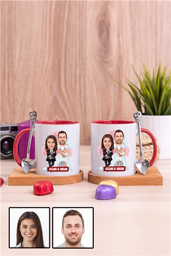 Çiftlere Özel Komik Hediye Gelin Damat Karikatürlü İkili Ahşap Altlıklı İçi Renkli Kupa Bardak