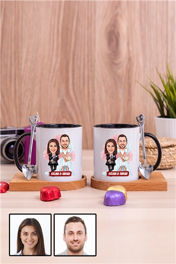 Çiftlere Özel Komik Hediye Gelin Damat Karikatürlü İkili Ahşap Altlıklı İçi Renkli Kupa Bardak