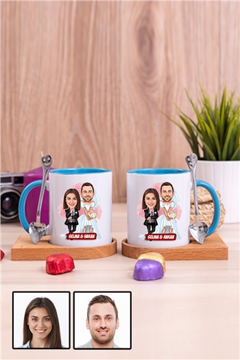 Çiftlere Özel Komik Hediye Gelin Damat Karikatürlü İkili Ahşap Altlıklı İçi Renkli Kupa Bardak