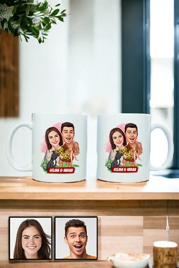 Çiftlere Özel Komik Hediye Karikatürlü İkili Beyaz Kupa Bardak