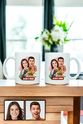 Çiftlere Özel Komik Hediye Karikatürlü İkili Beyaz Kupa Bardak