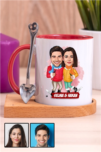 Çiftlere Özel Komik Hediye Kış Tatili  Karikatürlü Ahşap Altlıklı İçi Renkli Kupa Bardak