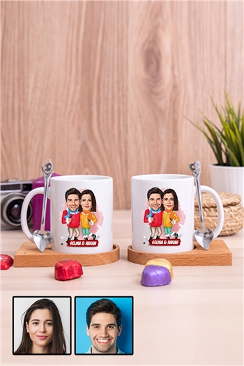 Çiftlere Özel Komik Hediye Kış Tatili  Karikatürlü İkili Ahşap Altlıklı Beyaz Kupa Bardak