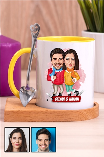 Çiftlere Özel Komik Hediye Kış Tatili  Karikatürlü Ahşap Altlıklı İçi Renkli Kupa Bardak