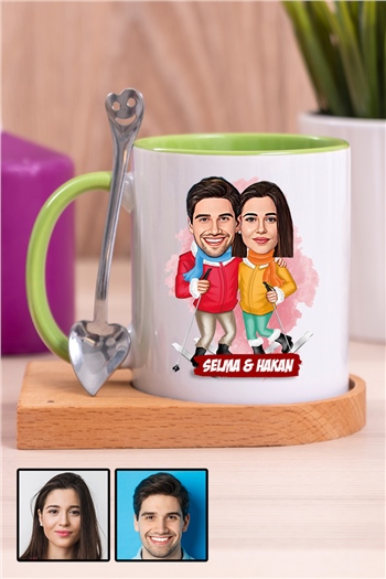 Çiftlere Özel Komik Hediye Kış Tatili  Karikatürlü Ahşap Altlıklı İçi Renkli Kupa Bardak