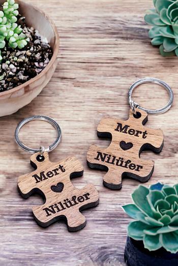 Çiftlere Özel Puzzle Tasarım İkili Ahşap Anahtarlık