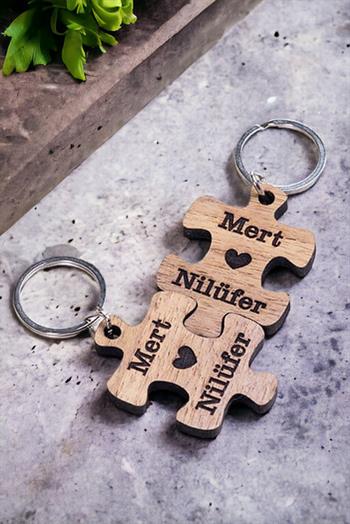 Çiftlere Özel Puzzle Tasarım İkili Ahşap Anahtarlık