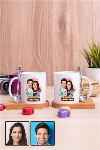 Çiftlere Özel Romantik Hediye Karikatürlü İkili Ahşap Altlıklı Beyaz Kupa Bardak