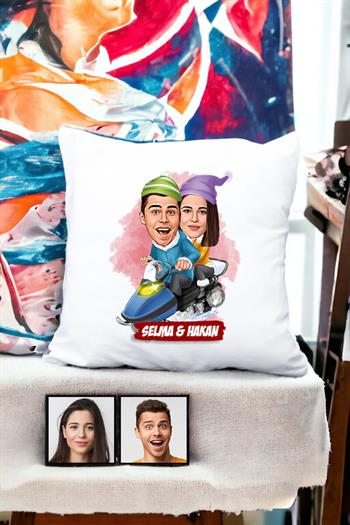 Çiftlere Özel Tanışma Yıl Dönümü Hediyesi Karikatürlü Yastık