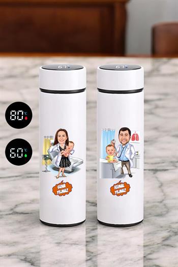 Çocuk Doktoruna Hediye Karikatürlü Sıcaklık Göstergeli Çelik Termos