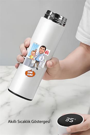 Çocuk Doktoruna Hediye Karikatürlü Sıcaklık Göstergeli Çelik Termos