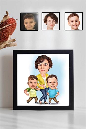 Çocuklardan Anneye Anneler Günü Hediyesi Karikatürlü Kare Çerçeve