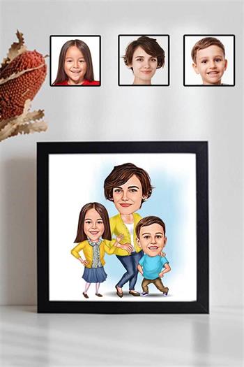 Çocuklardan Anneye Anneler Günü Hediyesi Karikatürlü Kare Çerçeve