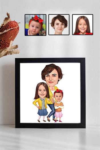 Çocuklardan Anneye Hediye Karikatürlü Kare Çerçeve