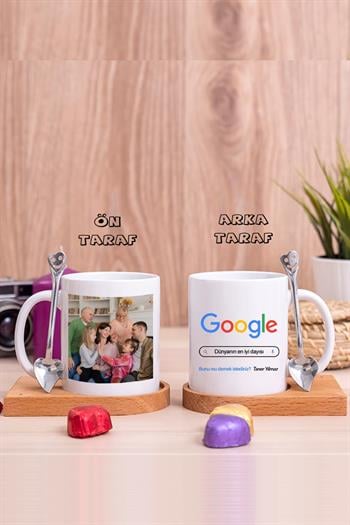 Dayıya Hediye Google Tasarım Ahşap Altlıklı Beyaz Kupa Bardak
