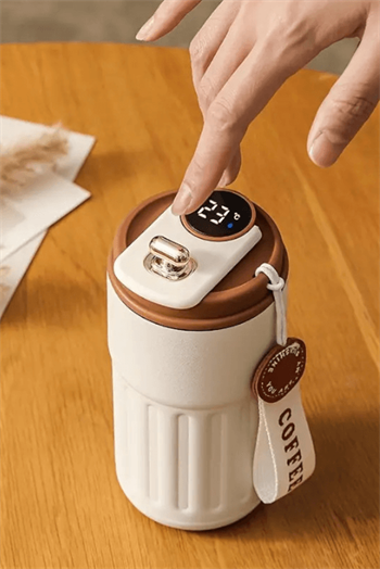 Dijital Sıcaklık Göstergeli ve İpli Promosyon Krem Çelik Termos Bardak 8866-EMR-1