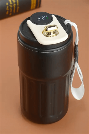 Dijital Sıcaklık Göstergeli ve İpli Promosyon Krem Çelik Termos Bardak 8866-EMR