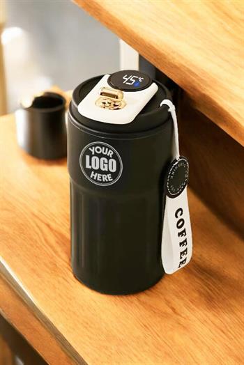 Dijital Sıcaklık Göstergeli ve İpli Promosyon Krem Çelik Termos Bardak 8866-EMR