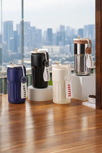 Dijital Sıcaklık Göstergeli ve İpli Promosyon Lacivert Çelik Termos Bardak 8866-EMR