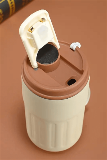 Dijital Sıcaklık Göstergeli ve İpli Promosyon Krem Çelik Termos Bardak 8866-EMR-1