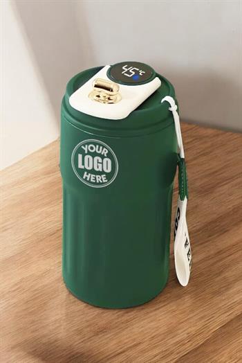Dijital Sıcaklık Göstergeli ve İpli Promosyon Yeşil Çelik Termos Bardak 8866-EMR