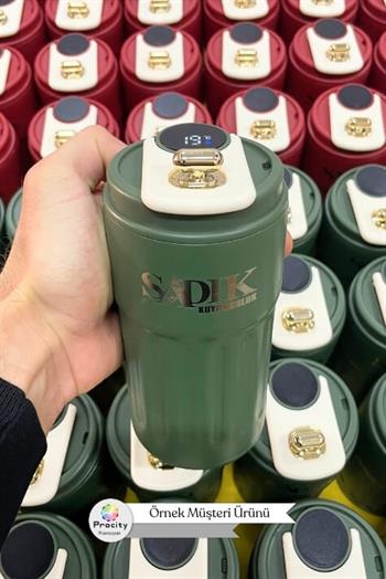 Dijital Sıcaklık Göstergeli ve İpli Promosyon Yeşil Çelik Termos Bardak 8866-EMR