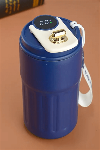 Dijital Sıcaklık Göstergeli ve İpli Promosyon Lacivert Çelik Termos Bardak 8866-EMR