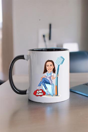 Diş Doktoruna Hediye Kadın Diş Hekimi Karikatürlü Kupa Bardak